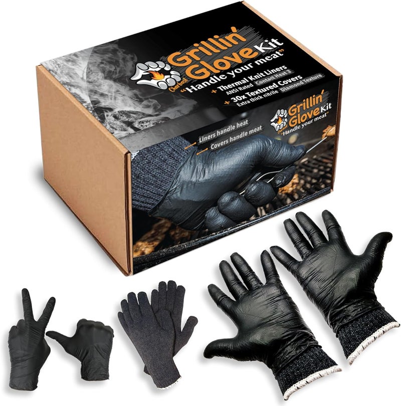 Charbasil Grilling Glove Kit – 2 Heat Resistant Liners – 30 Black Nitrile Gloves – Disposable BBQ Gloves with Washable Heat-Resistant Liners – Replaceable Cover Oven Mitt for Barbecue and Smoking Meat - Image 1